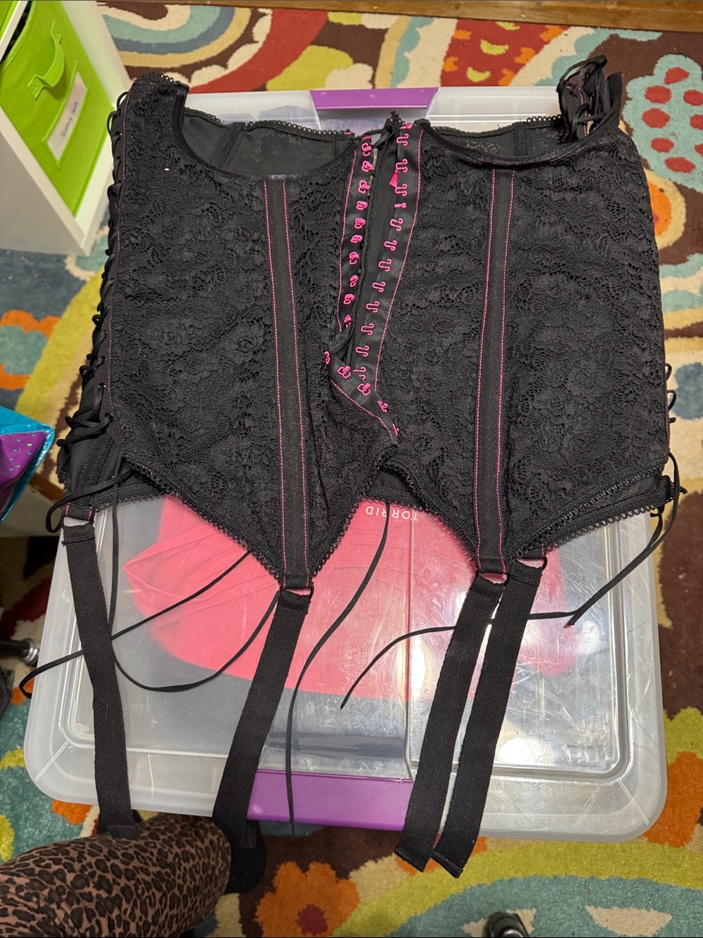 Betsey Johnson Black Lace Corset Garter with Pink Hooks-make me an offer!